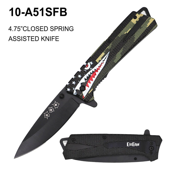 ElitEdge Spring Assist Knife Black SS Blade/3D Shark Design Black/Camo Handle SKU 10-A51SFB