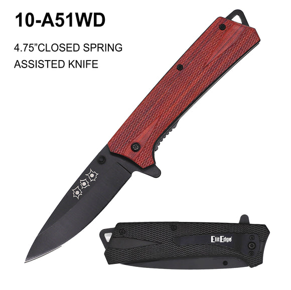 EliteEdge Spring Assist Knife Black Stainless-Steel Blade/3D Wood Look Pistol Grip Handle SKU 10-A51WD