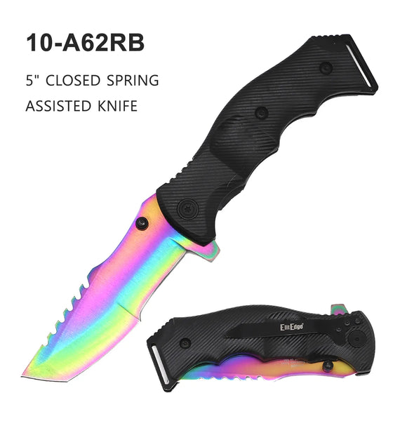 ElitEdge Spring Assist Knife Rainbow Stainless-Steel Blade/Black ABS Handle SKU 10-A62RB