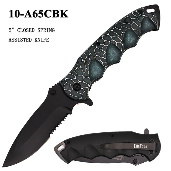 ElitEdge Spring Assist Knife Black SS Blade Serr./3D Print Black Cracked Design ABS Handle SKU 10-A65CBK
