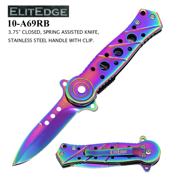 ElitEdge Spring Assist Dagger Style Knife Rainbow SS Blade/Rainbow SS Handle SKU 10-A69RB