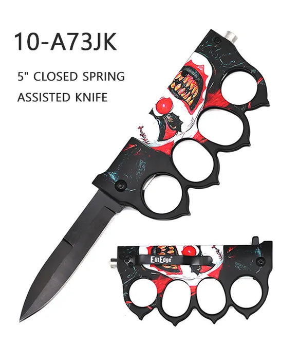 ElitEdge Spring Assist Knuckle Knife Black SS Blade/3D Joker Design ABS Handle SKU 10-A73JK