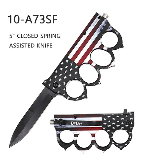 ElitEdge Spring Assist Knuckle Knife Black Stainless-Steel Blade/3D Print USA Flag Design ABS Handle SKU 10-A73SF