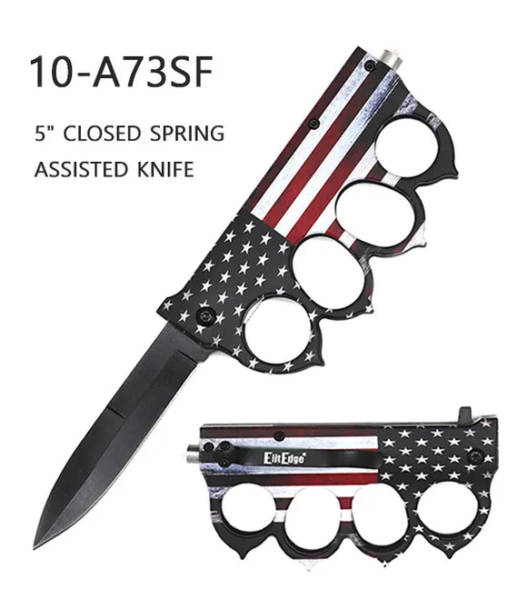 ElitEdge Spring Assist Knuckle Knife Black SS Blade/3D USA Flag Design ABS Handle SKU 10-A73SF