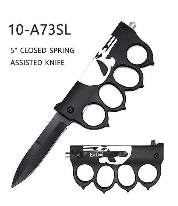 ElitEdge Spring Assist Knuckle Knife Black Stainless-Steel Blade/3D Print Punisher Design ABS Handle SKU 10-A73SL