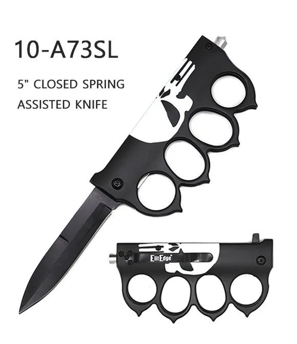 ElitEdge Spring Assist Knuckle Knife Black SS Blade/3D Punisher Design ABS Handle SKU 10-A73SL