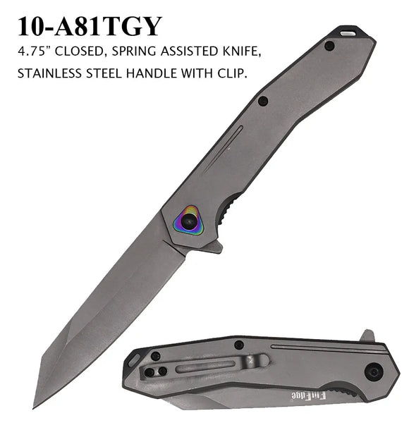 ElitEdge Spring Assist Knife Gray Tanto SS Blade/SS Handle SKU 10-A81TGY