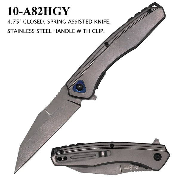 ElitEdge Spring Assist Knife Hawkbill Gray SS Blade/SS Handle SKU 10-A82HGY