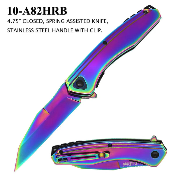 ElitEdge Spring Assist Knife Hawkbill Rainbow SS Blade/Rainbow SS Handle SKU 10-A82HRB