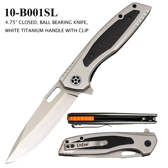 EliteEdge Ball Bearing Knife Stainless-Steel Blade/White Titanium Coated Stainless-Steel Handle with Ebony Wood Inserts SKU 10-B001SL