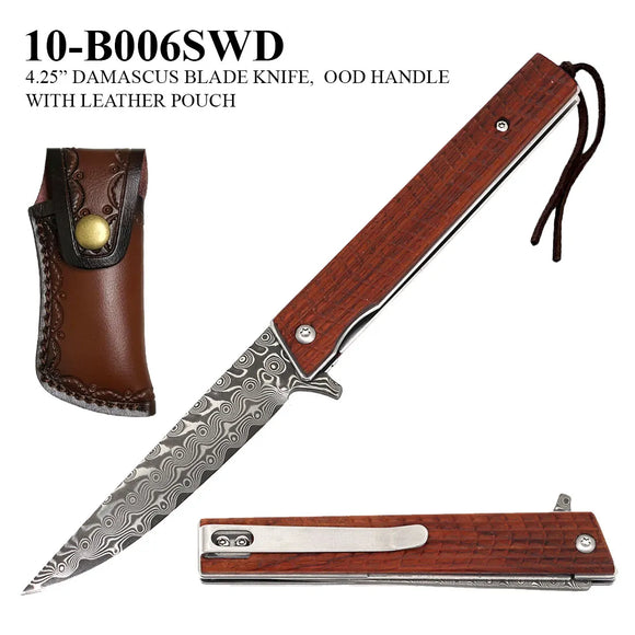 Ball Bearing Liner Lock Knife w/Leather Sheath Damascus Steel Drop Point Blade/Wood Handle SKU 10-B006SWD