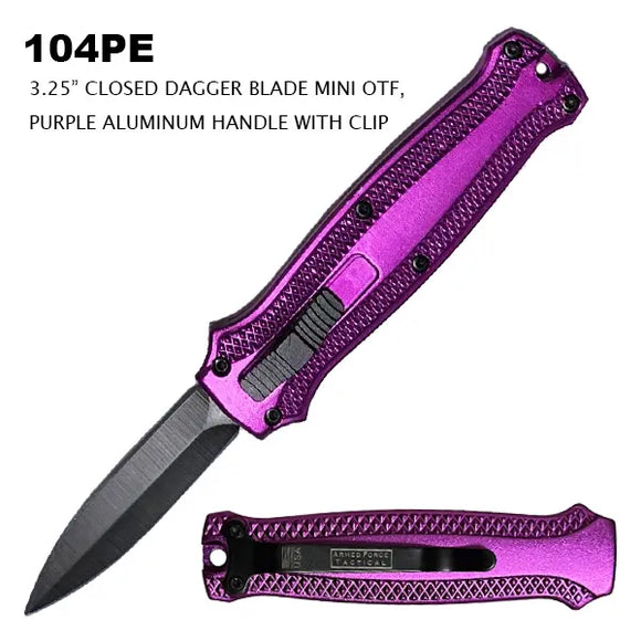 Mini OTF Automatic Knife Black Stainless Steel Blade/Purple Aluminum Handle SKU 104PE