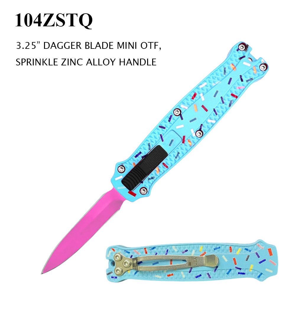 Automatic Blue Sprinkle OTF Knife W/Sheath Pink Ti Stainless-Steel Bla ...