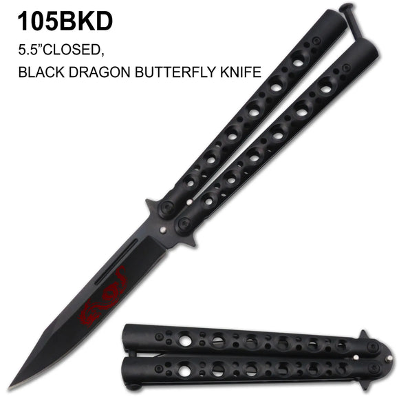 Butterfly Knife Black/Black with Dragon Stainless Steel SKU 105BKD