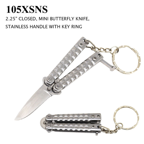 Mini Butterfly Knife Keychain Silver Stainless-Steel Blade and Handle SKU 105XSNS