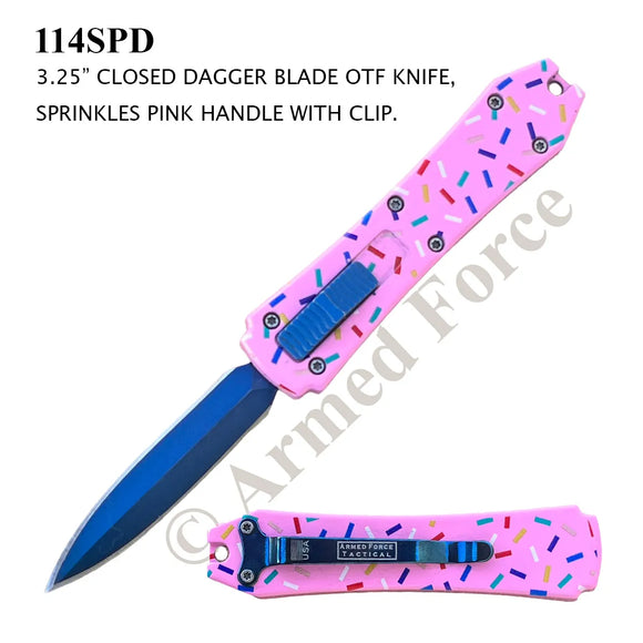 Armed Force Tactical Mini OTF Blue Titanium Coated Stainless-Steel Blade/Pink Zinc Alloy Handle with Multi Color Sprinkles SKU 114SPD