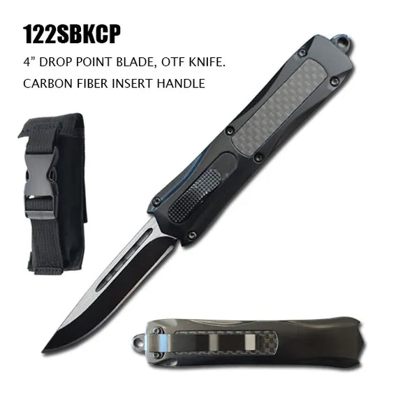 OTF Automatic Knife w/Sheath Black SS Blade/Black Zinc Alloy Handle Carbon Fiber Inserts SKU 122SBKCP