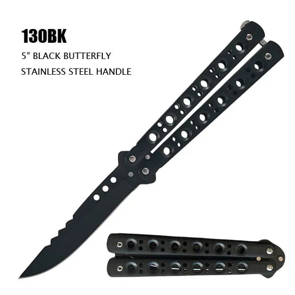 Butterfly Knife Black SS Blade/Black SS Handle w/Holes SKU 130BK