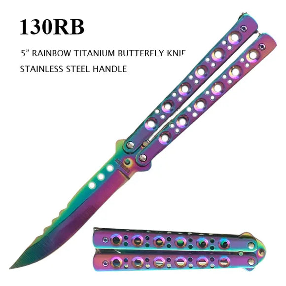 Butterfly Knife Rainbow SS Blade/Rainbow SS Handle w/Holes SKU 130RB