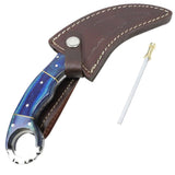 TheBoneEdge Hand Made Hunting Knife w/Leather Sheath comes with Fire Starter Damascus Steel Blade/Blue Wood Handle SKU 13133