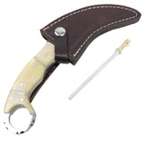 TheBoneEdge Hand Made Hunting Knife w/Leather Sheath comes with Fire Starter Damascus Steel Blade/White Bone Handle SKU 13135