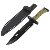 Hunt-Down Tactical Hunting Knife w/Sheath 13.5" Overall Black 3CR13 Stainless-Steel Blade/OD Green ABS Handle SKU 13580