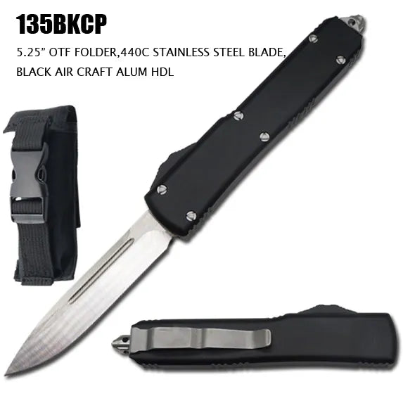 Large Side Switch OTF Knife w/Sheath 440C 5CR13 Stainless-Steel Clip Point Blade/Black CNC Aircraft Aluminum Handle SKU 135BKCP