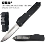 Large Side Switch OTF Knife w/Sheath 440C 5CR13 Stainless-Steel Clip Point Blade/Black CNC Aircraft Aluminum Handle SKU 135BKCP