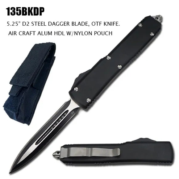 Large Side Switch OTF Knife w/Sheath Black & Silver D2 Stainless-Steel Dagger Blade/Black CNC Aircraft Aluminum Handle SKU 135BKDP