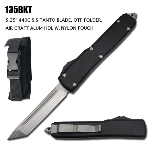 Large Side Switch OTF Knife w/Sheath 440C 5CR13 Stainless-Steel Tanto Blade/Black CNC Aircraft Aluminum Handle SKU 135BKT