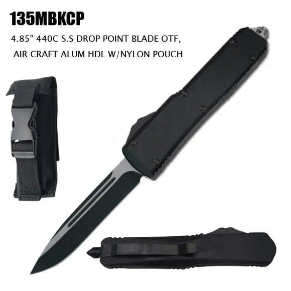 Large Side Switch OTF Knife w/Sheath Black 440C 5CR13 Stainless-Steel Blade/Black CNC Aircraft Aluminum Handle SKU 135MBKCP