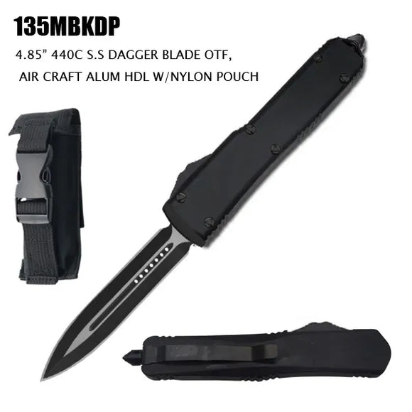 Large Side Switch OTF Knife w/Sheath Black 440C 5CR13 Stainless-Steel Dagger Blade/Black CNC Aircraft Aluminum Handle SKU 135MBKDP