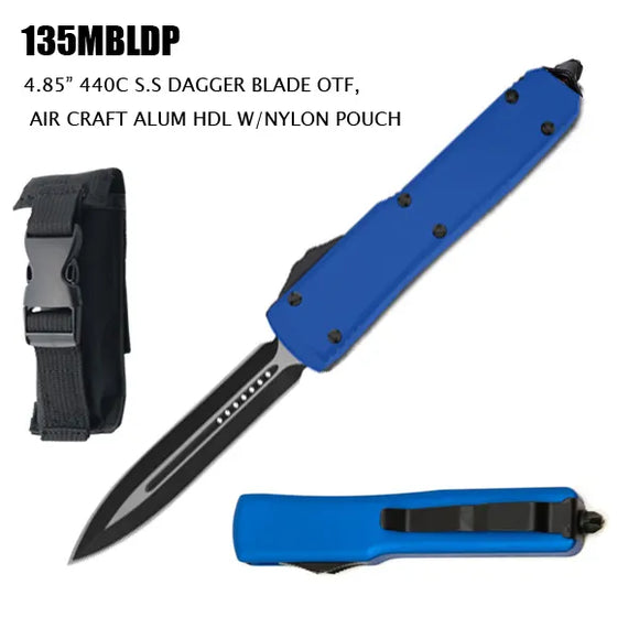 Large Side Switch OTF Knife w/Sheath Black 440C 5CR13 Stainless-Steel Dagger Blade/Blue CNC Aircraft Aluminum Handle SKU 135MBLDP