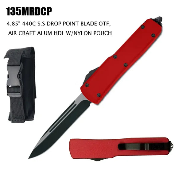 Large Side Switch OTF Knife w/Sheath Black 440C 5CR13 Stainless-Steel Blade/Red CNC Aircraft Aluminum Handle SKU 135MRDCP