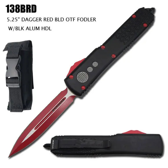 Large Side Switch OTF Knife w/Sheath Red 440C Stainless Steel Blade/Black Aircraft Aluminum Handle SKU 138BRD