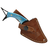 TheBoneEdge Fish Shape Skinner Knife w/Leather Sheath Stainless-Steel Blade/Blue Bone Handle SKU 14591
