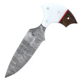 TheBoneEdge Hand Made Hunting Knife w/Leather Sheath 6" Overall Damascus Steel Blade/White & Brown Resin Handle SKU 14610