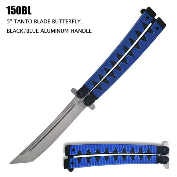 Butterfly Knife Tanto Stainless Steel/Black & Blue Aluminum SKU 150BL