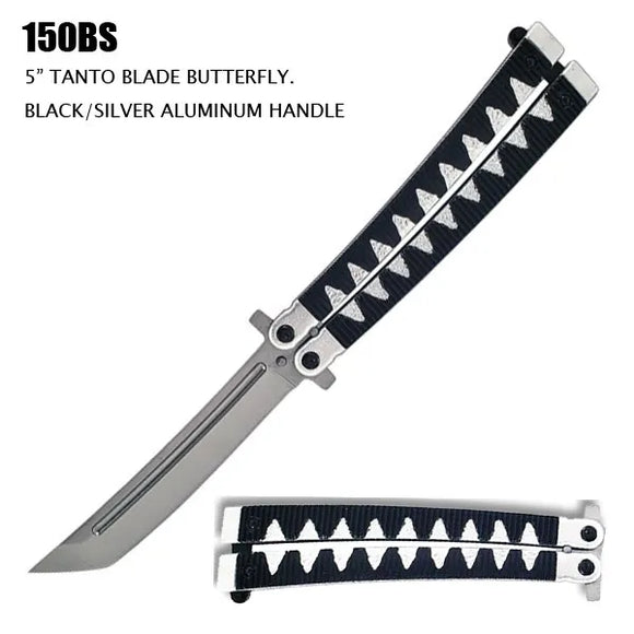 Butterfly Knife Tanto Stainless Steel/Black & Silver Aluminum SKU 150BS