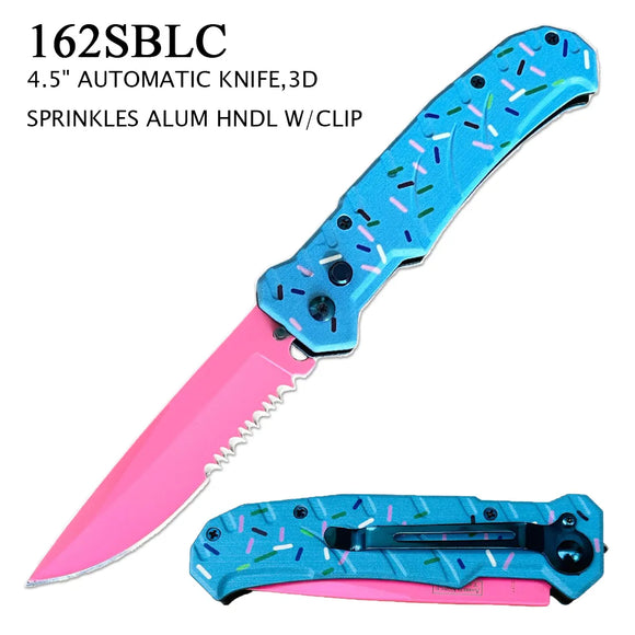 Armed Force Tactical Sprinkles Automatic Knife Pink Half Serr, 420 SS Blade/Blue 3D Print Sprinkles Alum. Handle SKU 162SBLC