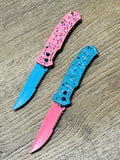 Armed Force Tactical Automatic Knife w/Safety Lock Pink 420C Half Serr. Stainless-Steel Blade/Blue 3D Print Sprinkles Alum. Handle SKU 162SBLC