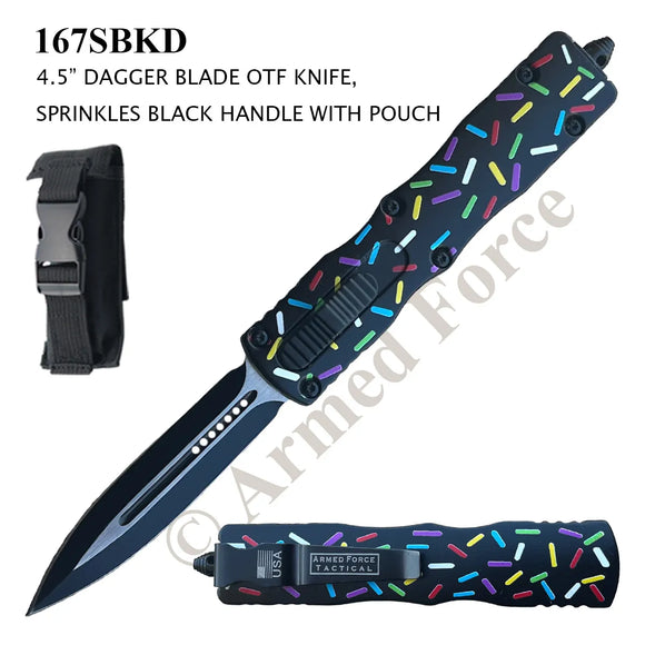 Armed Force Tactical OTF Knife w/Sheath Black Stainless-Steel Dagger Blade/Black Zinc Alloy Handle with Multi Color Sprinkles SKU 167SBKD