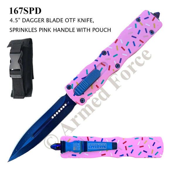 Armed Force Tactical OTF Knife w/Sheath Blue Ti Coated SS Dagger Blade/3D Print Sprinkles Zinc Alloy Pink Handle SKU 167SPD