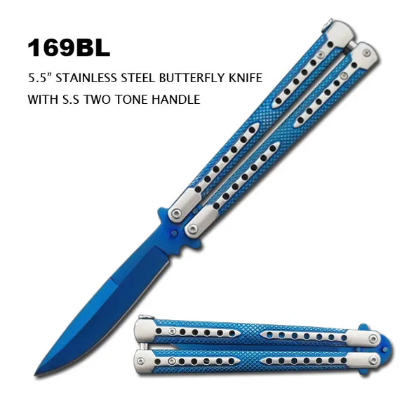Butterfly Knife Blue Stainless Steel/Two-Tone Handle 9.25