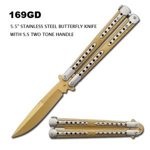 Butterfly Knife Gold Stainless Steel/Two-Tone Handle 9.25" Overall SKU 169GD