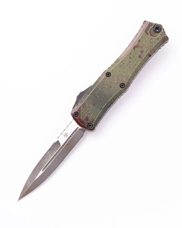 Microtech Mini Hera II OTF Knife Outbreak Bayonet M390MK Steel Blade/Green & Red Aluminum Handle SKU 1701M-1OBDS