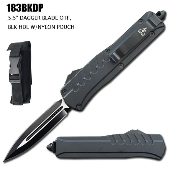 Automatic OTF Knife w/Sheath Black Dagger SS Blade/Black Zinc Alloy Handle SKU 183BKDP