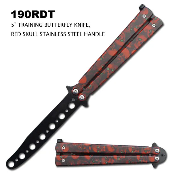 Butterfly Training Knife Black Stainless Steel/Red Skull Handle SKU 190RDT