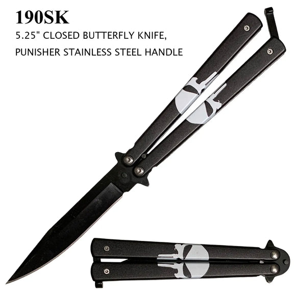 Punisher Butterfly Knife Black Stainless Steel SKU 190SK