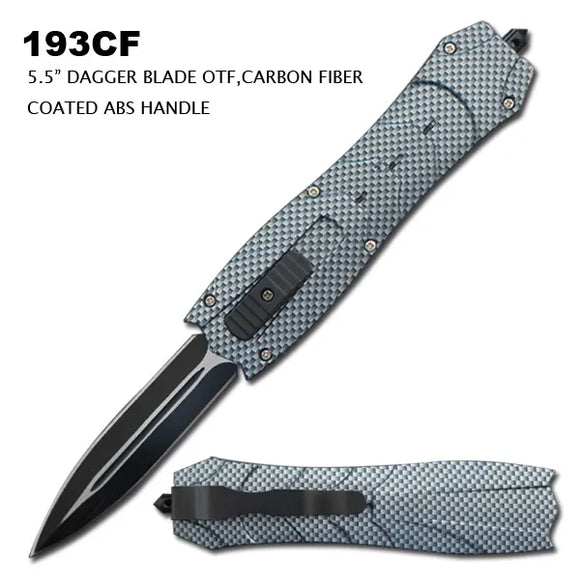 OTF Automatic Knife Black Dagger SS Blade/ Carbon Fiber Coated ABS Handle SKU 193CF